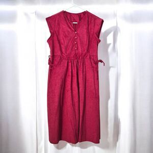 Vintage 1980s Red/Pink Plush Button Front‎ Midi Dress Size 14 Pockets Side Ties